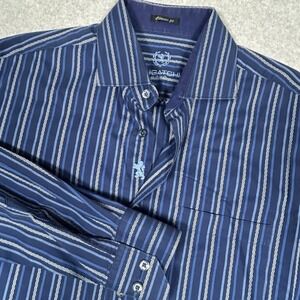 Bugatchi Size XL Blue Classic Fit Striped Print Cotton Button Up Shirt